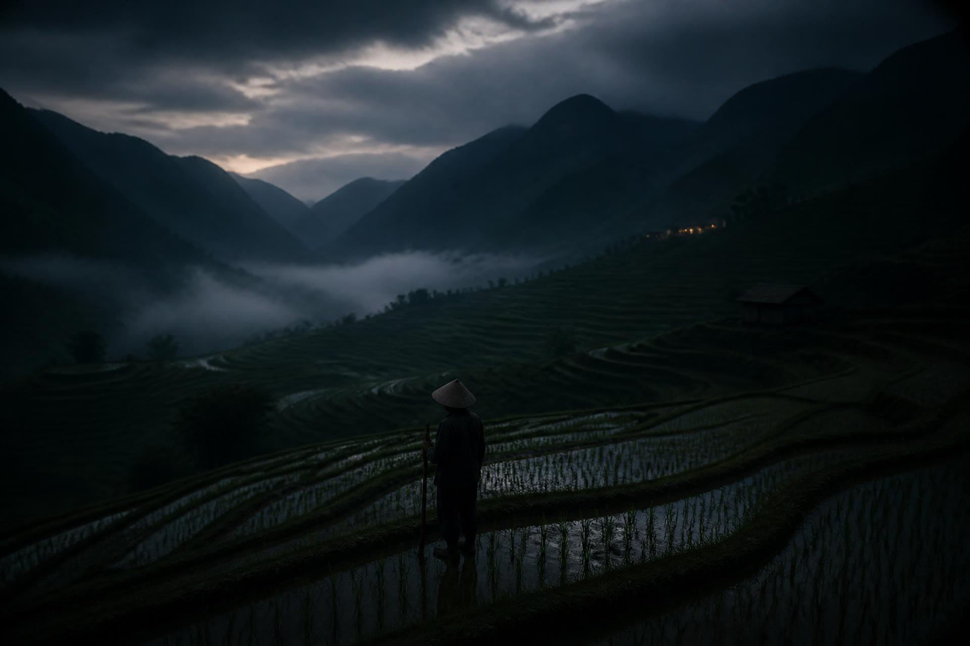 Rice terraces in a misty Vietnamese valley at blue hour