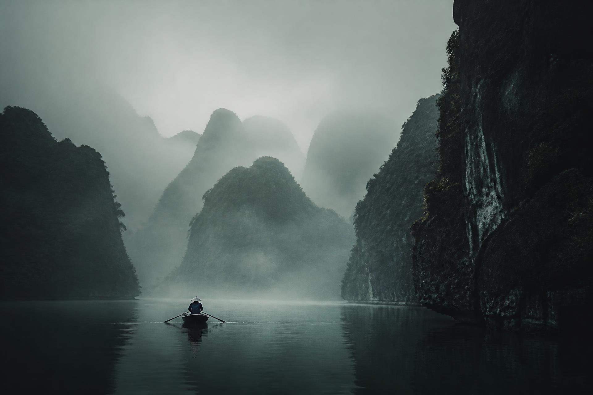 A lone rower crossing misty limestone karsts in Ninh Binh